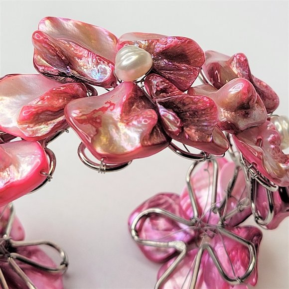 Pink Cuff Bangle with Shell and Pearls Adjustable Bracelet - NEW - Picture 2 of 11